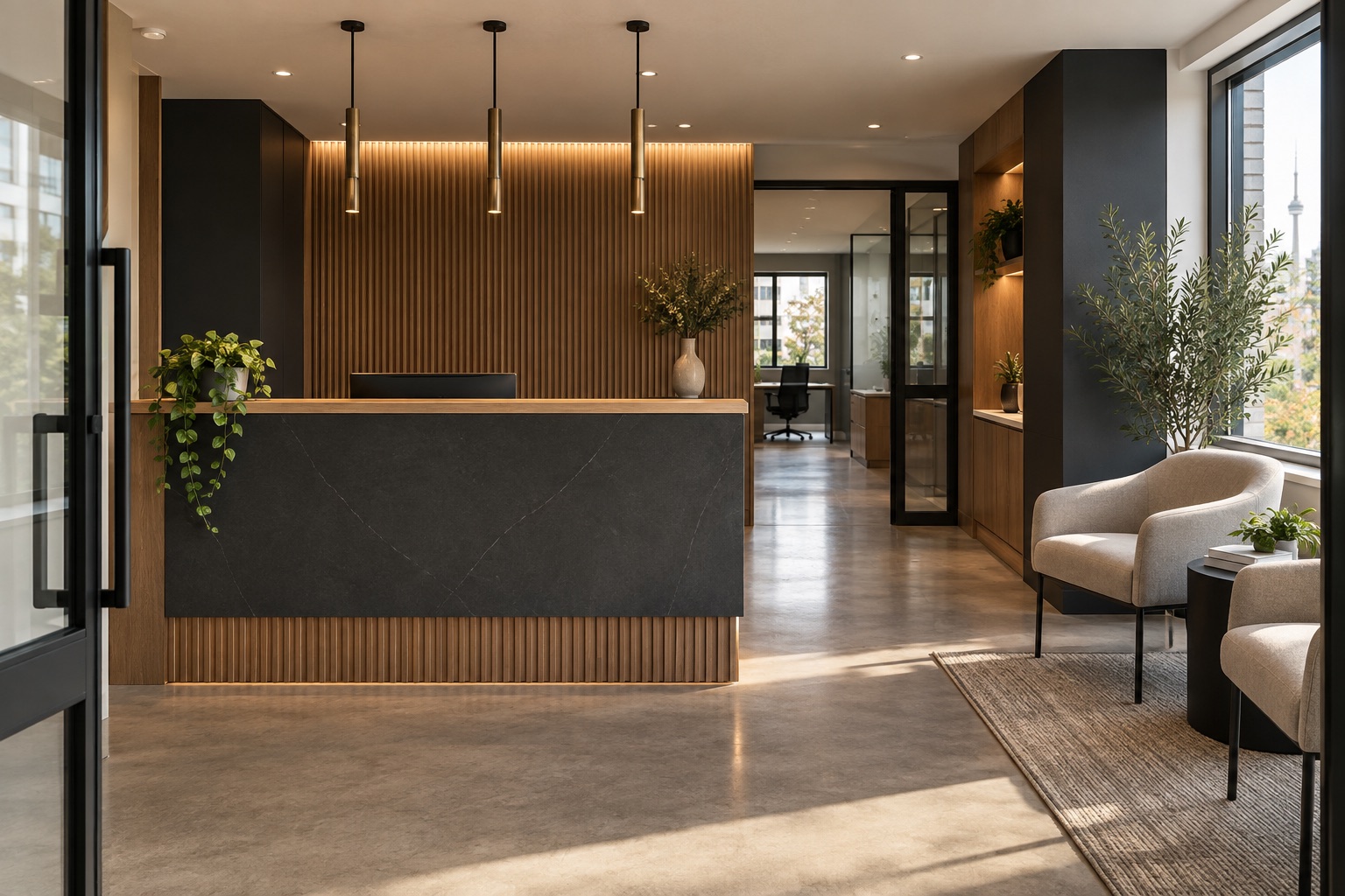 Modern Toronto office reception with charcoal millwork and warm oak detailing